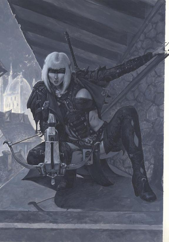Adrian Smith - Warhammer, femme accroupie avec arbalete