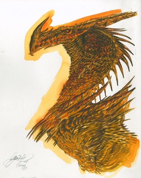 Gwendal Lemercier - Dragons, dessin in&eacute;dit: buste dragon jau