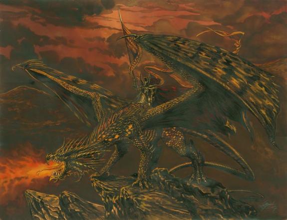 Gwendal Lemercier - Dragons, dragon et chevalier sur fond ro