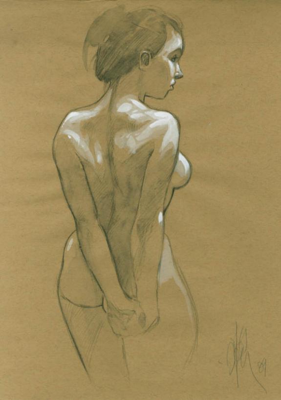 Fabrice Meddour - Nu bras en arri&egrave;re sur papier de couleur