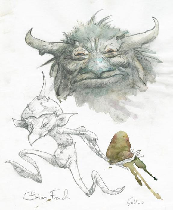Brian Froud - t&ecirc;te de goblin &agrave; l'aquarelle et goblin &agrave; la mi