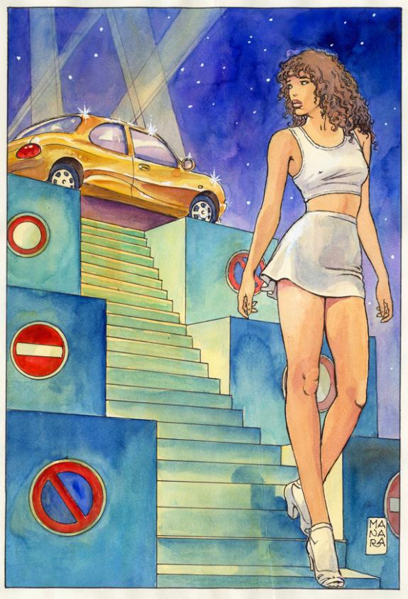 Milo Manara - Femme  &agrave; la voiture dor&eacute;e. Dessin pli&eacute; sur le 