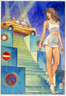 Milo Manara - Femme  &agrave; la voiture dor&eacute;e. Dessin pli&eacute; sur le 