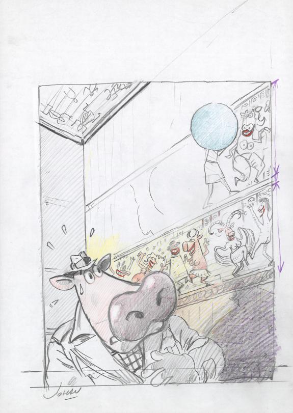 Johan De Moor - La Vache, Crayonn&eacute; originale, recherche pour