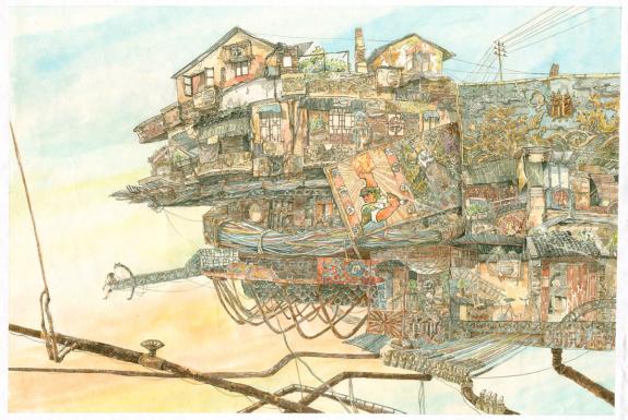 An Ji - Illustration originale - Ville volante