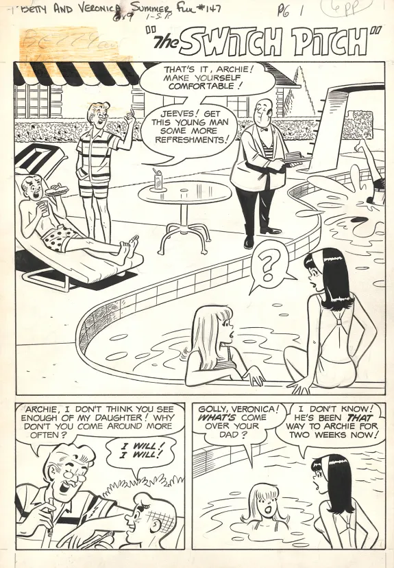 Black and white original page, Betty & Veronica Friends Forever, Summer Fun, Dan De Carlo