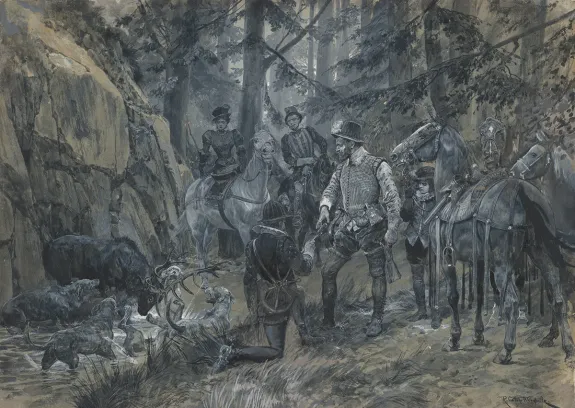 Black and white illustration, R Caton Woodville