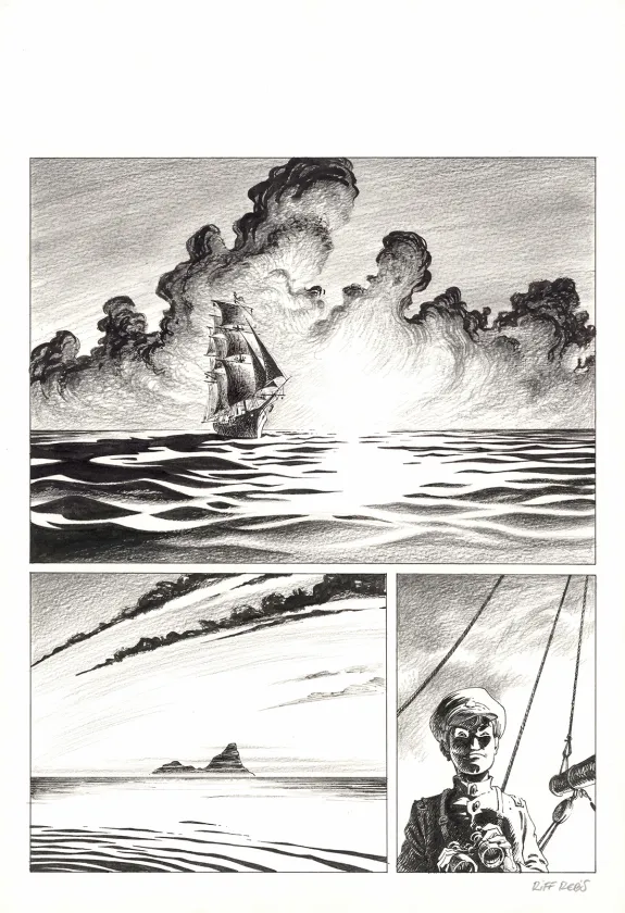 Black and white original page, Hommes à la mer,  Riff Reb's