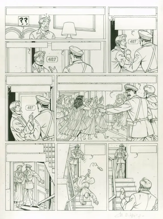 Planche noir et blanc, Blake et Mortimer, La Malédiction des trente deniers - Tome un (T.19), Chantal De Spiegeleer