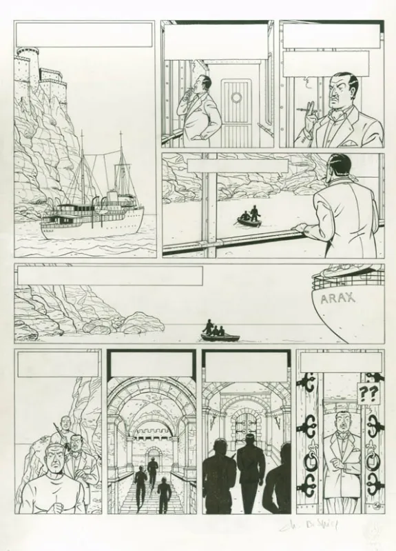Planche noir et blanc, Blake et Mortimer, La Malédiction des trente deniers - Tome un (T.19), Chantal De Spiegeleer