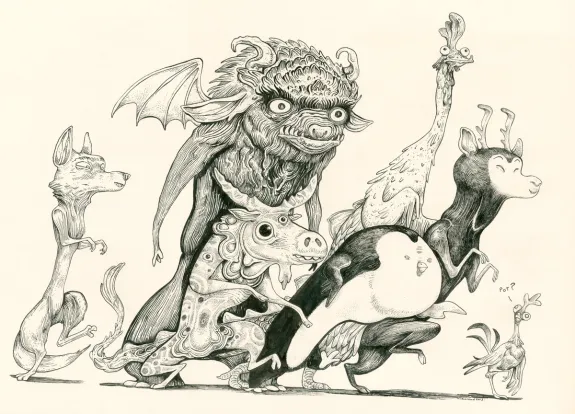 Illustration noir et blanc, Dans la forêt, Lionel Richerand