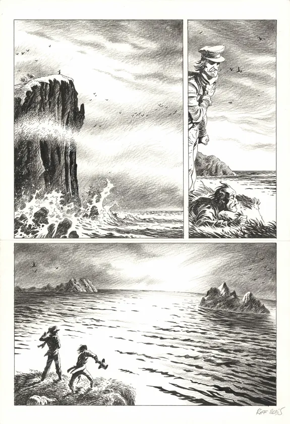 Black and white original page, Hommes à la mer,  Riff Reb's