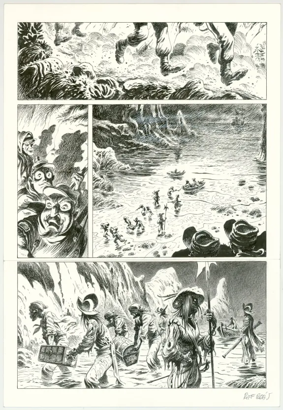Black and white original page, Hommes à la mer,  Riff Reb's