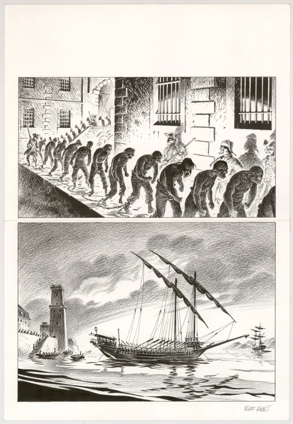 Black and white original page, Hommes à la mer,  Riff Reb's