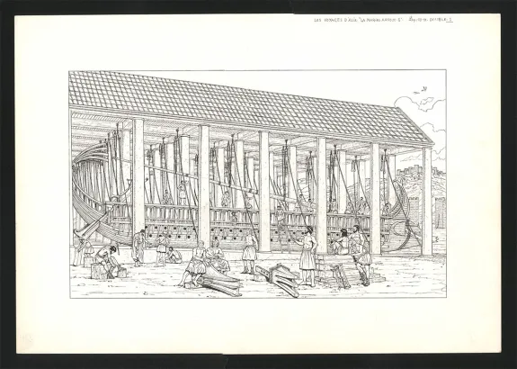 Illustration noir et blanc, Les Voyages d'Alix, La Marine Antique (T.2), Marc Henniquiau