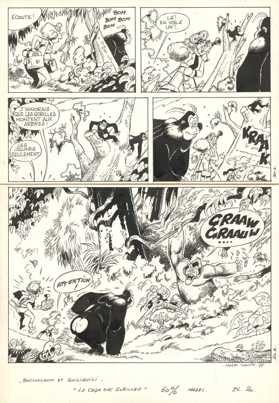 Planche noir et blanc, Boulouloum et Guiliguili (Les jungles perdues) , La Saga des gorilles (T.5),  Mazel