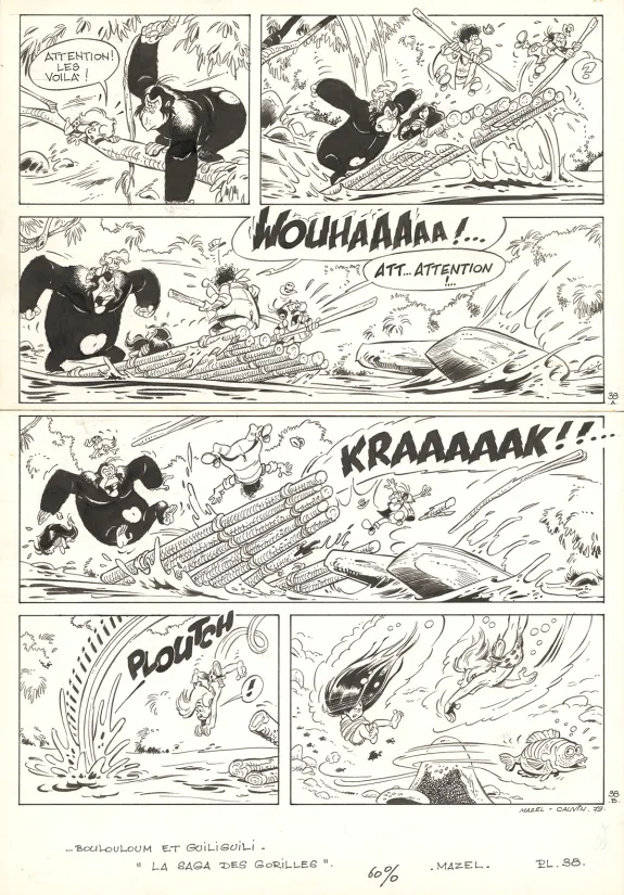 Planche noir et blanc, Boulouloum et Guiliguili (Les jungles perdues) , La Saga des gorilles (T.5),  Mazel
