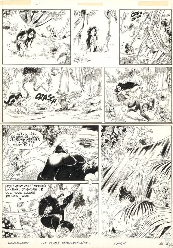 Planche noir et blanc, Boulouloum et Guiliguili (Les jungles perdues) , Les Aventuriers de la préhistoire (T.7),  Mazel