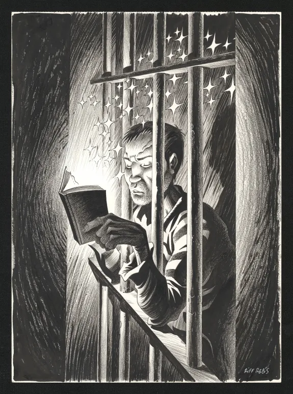 Illustration noir et blanc, Le Vagabond des Étoiles , Première partie (T.1),  Riff Reb's