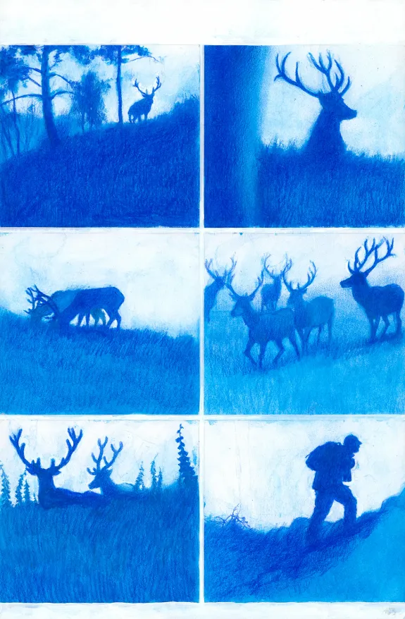 Planche couleur, Les Grands Cerfs, Gaétan Nocq
