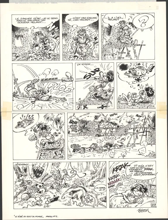 Black and white original page, Le Marsupilami, Le Bébé du bout du monde (T.2),  Batem