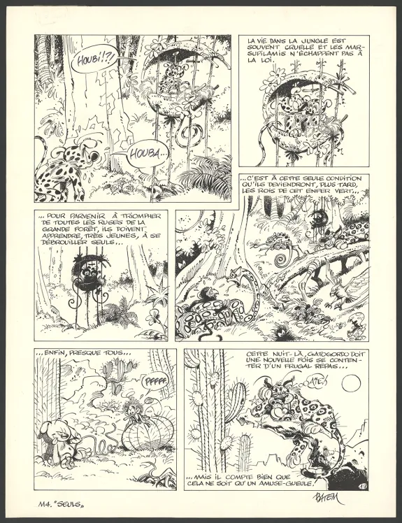 Planche noir et blanc, Le Marsupilami, Le Pollen du Monte Urticando (T.4),  Batem