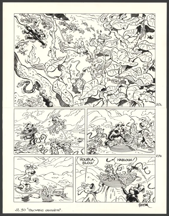 Planche noir et blanc, Le Marsupilami, Palombie secrète (T.30),  Batem