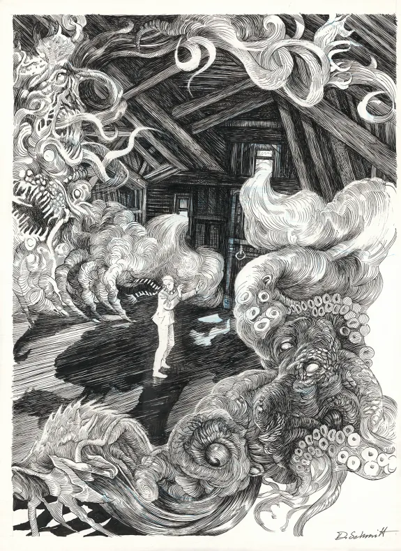 Illustration noir et blanc, Le Bestiaire du crépuscule, Daria Schmitt