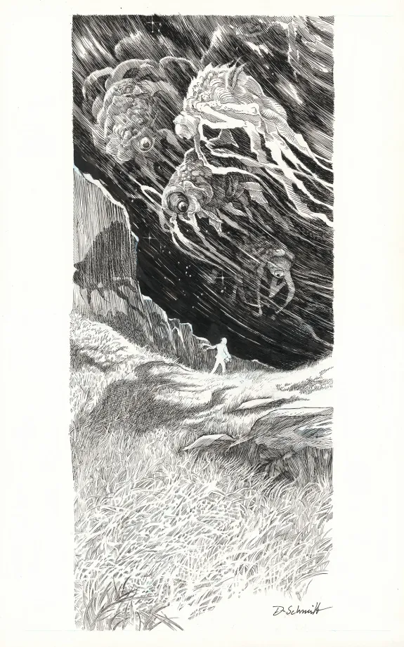 Illustration noir et blanc, Le Bestiaire du crépuscule, Daria Schmitt