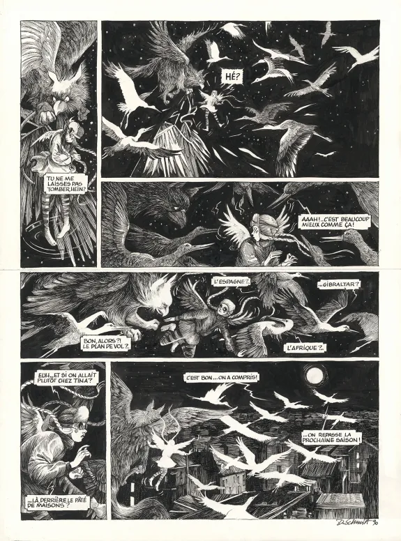Black and white original page, Ornithomaniacs, Daria Schmitt