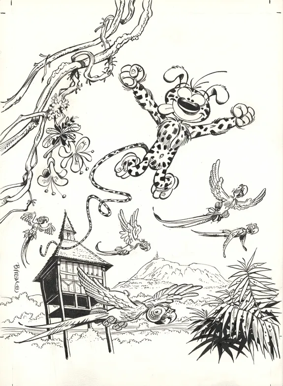 Black and white illustration, Le Marsupilami,  Batem