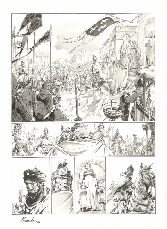 Black and white original page, Chroniques de Roncevaux, La Légende de Roland (T.1), Juan Luis Landa