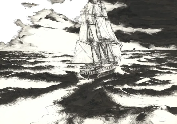 Illustration noir et blanc, USS Constitution, Franck Bonnet