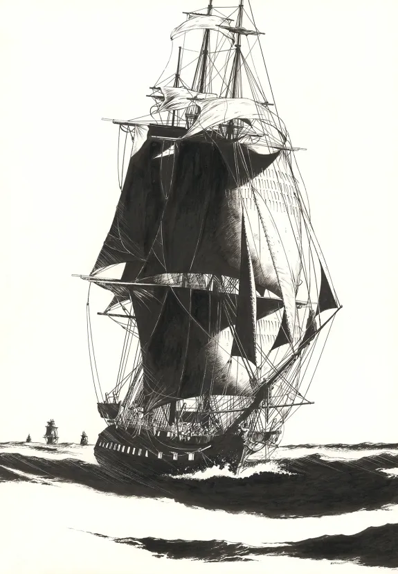 Illustration noir et blanc, USS Constitution, Franck Bonnet