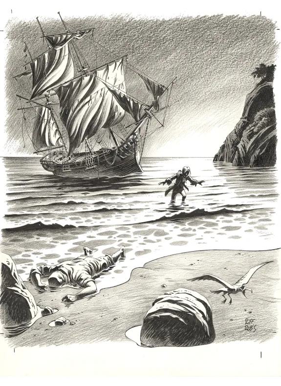Illustration noir et blanc, L'Île au trésor,  Riff Reb's