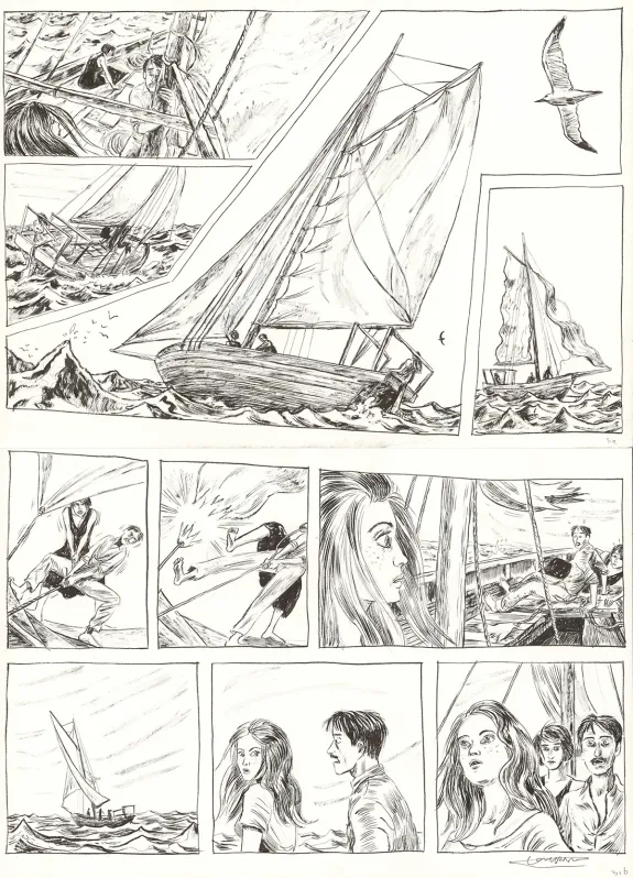 Black and white original page, Renée Stone (Une aventure de), Le Piège de la Mer Rouge (T.2), Clément Oubrerie