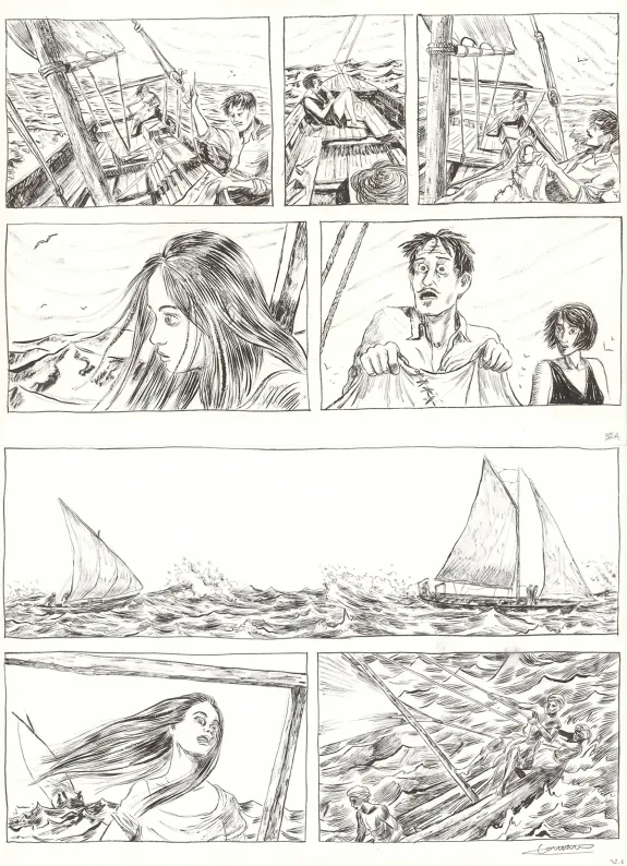 Black and white original page, Renée Stone (Une aventure de), Le Piège de la Mer Rouge (T.2), Clément Oubrerie