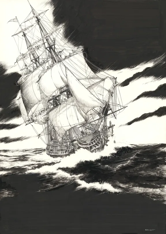 Illustration noir et blanc, USS Constitution, Franck Bonnet