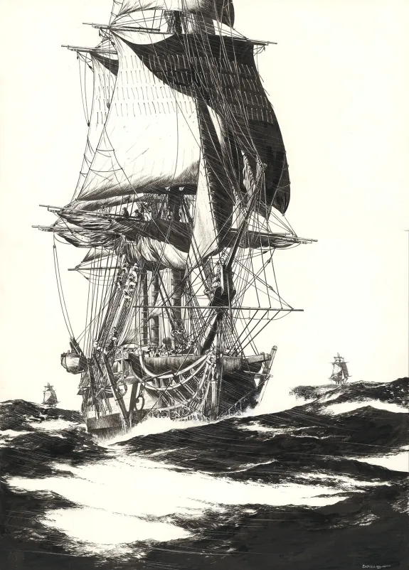 Illustration noir et blanc, USS Constitution, Franck Bonnet