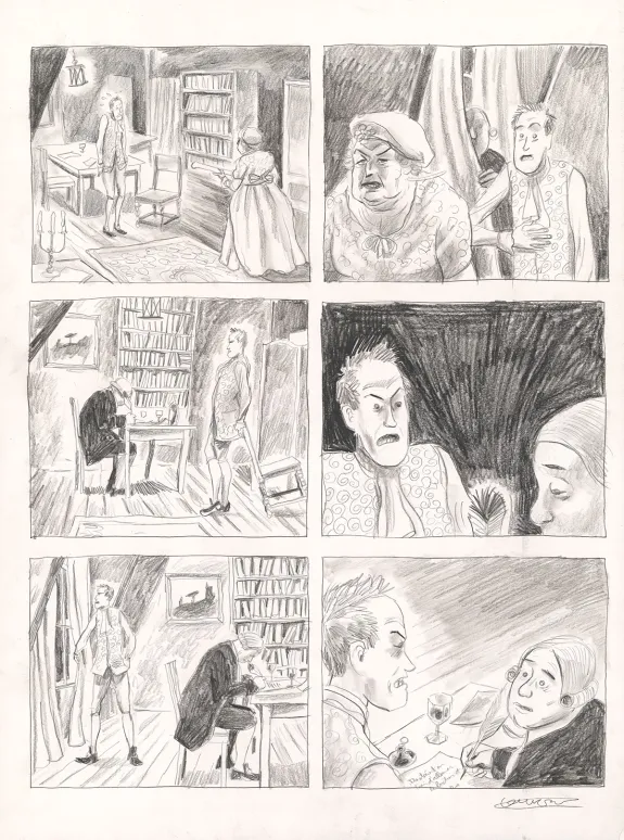 Black and white original page, Voltaire amoureux, Voltaire très amoureux (T.2), Clément Oubrerie
