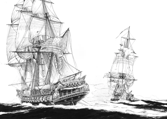 Illustration noir et blanc, USS Constitution, Franck Bonnet