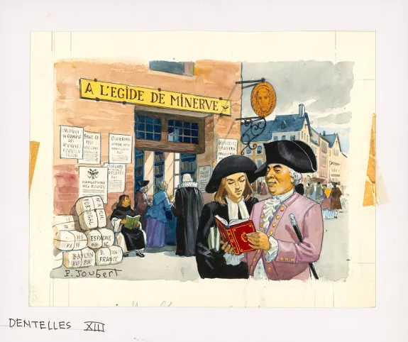 Colored illustration, La Vie privée des Hommes, Au temps de Louis XV et des guerres en dentelle... (T.24), Pierre Joubert