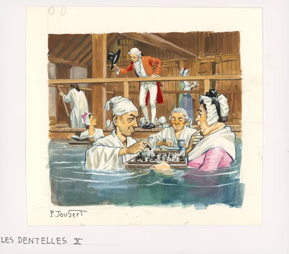 Colored illustration, La Vie privée des Hommes, Au temps de Louis XV et des guerres en dentelle... (T.24), Pierre Joubert