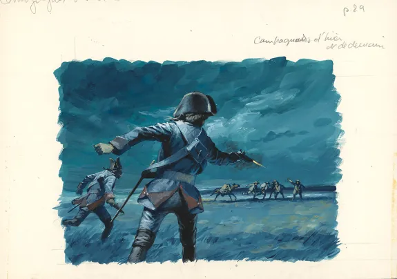 Colored illustration, La Vie privée des Hommes, Au temps de Louis XV et des guerres en dentelle... (T.24), Pierre Joubert