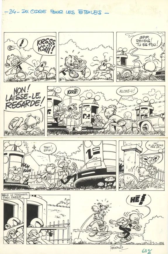 Planche noir et blanc, Spirou et Fantasio, Du cidre pour les étoiles (T.26), Jean-Claude Fournier