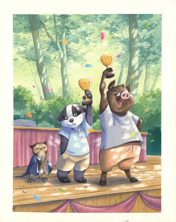 Illustration couleur, Les Géniales inventions de Léonard le renard, Le Concours de tartes (T.2), Julie Mellan