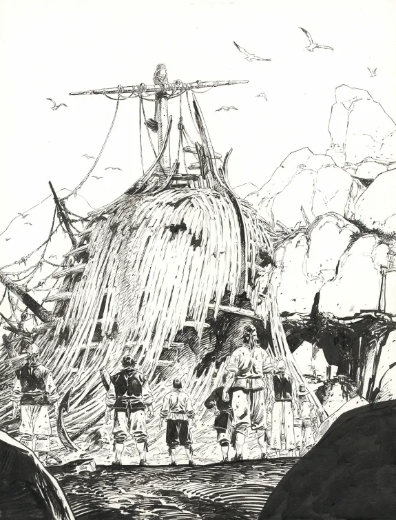 Planche noir et blanc, 1629... ou l'Effrayante Histoire des naufragés du Jakarta, L'île rouge (T.2), Thimothée Montaigne