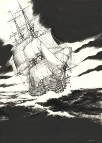 Illustration noir et blanc, USS Constitution, Franck Bonnet