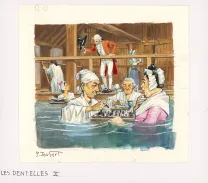 Colored illustration, La Vie privée des Hommes, Au temps de Louis XV et des guerres en dentelle... (T.24), Pierre Joubert