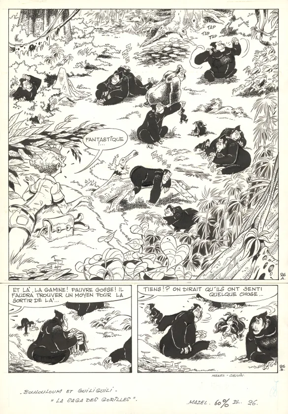 Planche noir et blanc, Boulouloum et Guiliguili (Les jungles perdues) , La Saga des gorilles (T.5),  Mazel